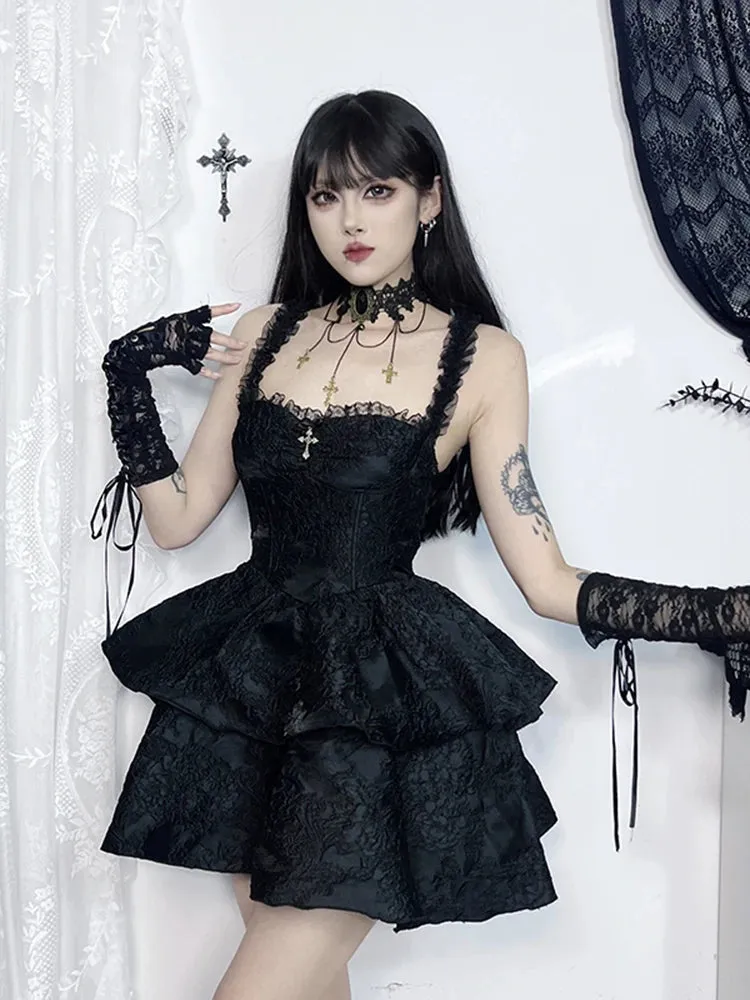 InsGoth Gothic Jacquard Double Cake Suspender Vintage Lace Trim Backless A Line Mini Sexy Club Gothic Dress