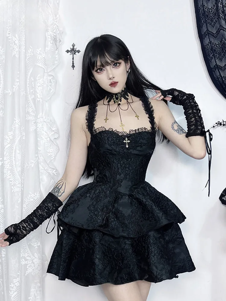 InsGoth Gothic Jacquard Double Cake Suspender Vintage Lace Trim Backless A Line Mini Sexy Club Gothic Dress