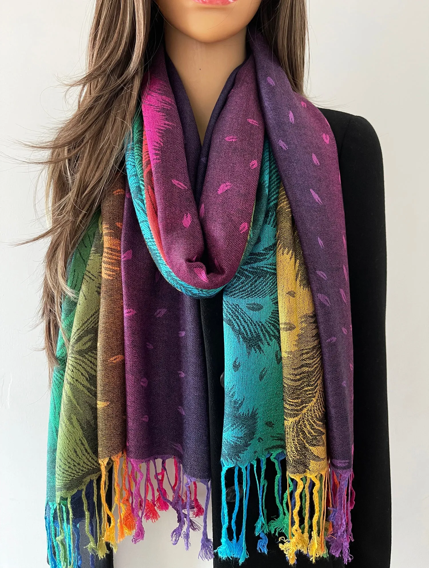 LARGE BLACK RAINBOW FEATHER AND LEAF PRINT PASHMINA SHAWL SCARF