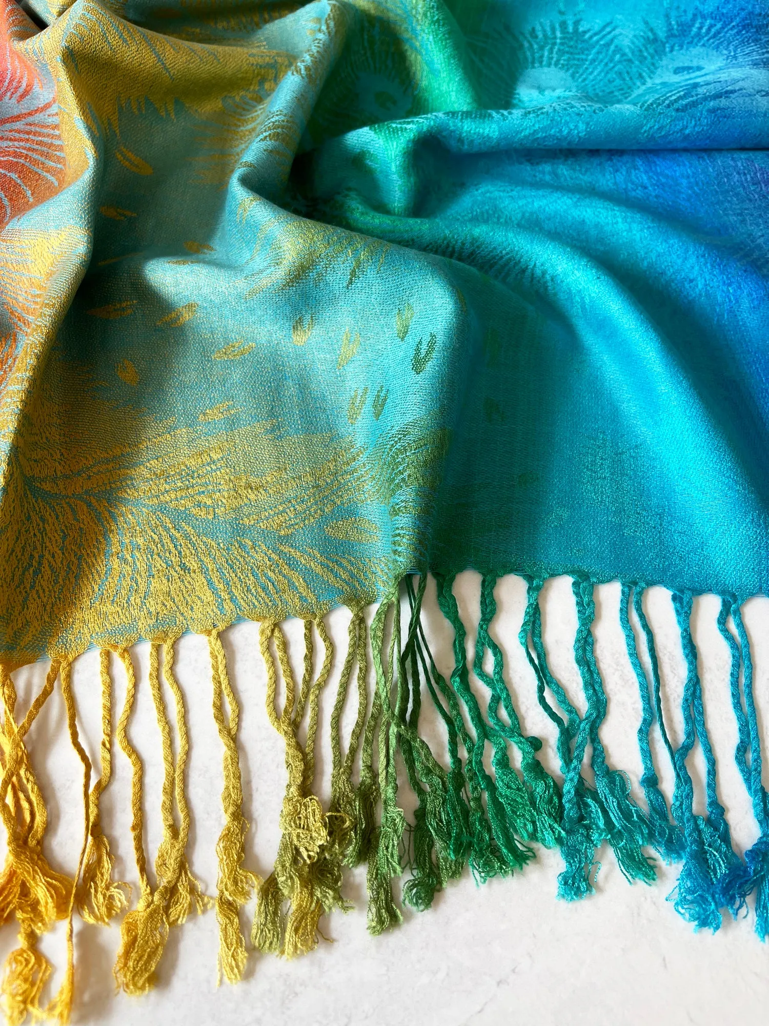 LARGE BLUE RAINBOW FEATHER AND LEAF PRINT PASHMINA SHAWL SCARF