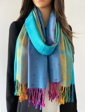 LARGE BLUE RAINBOW FEATHER AND LEAF PRINT PASHMINA SHAWL SCARF