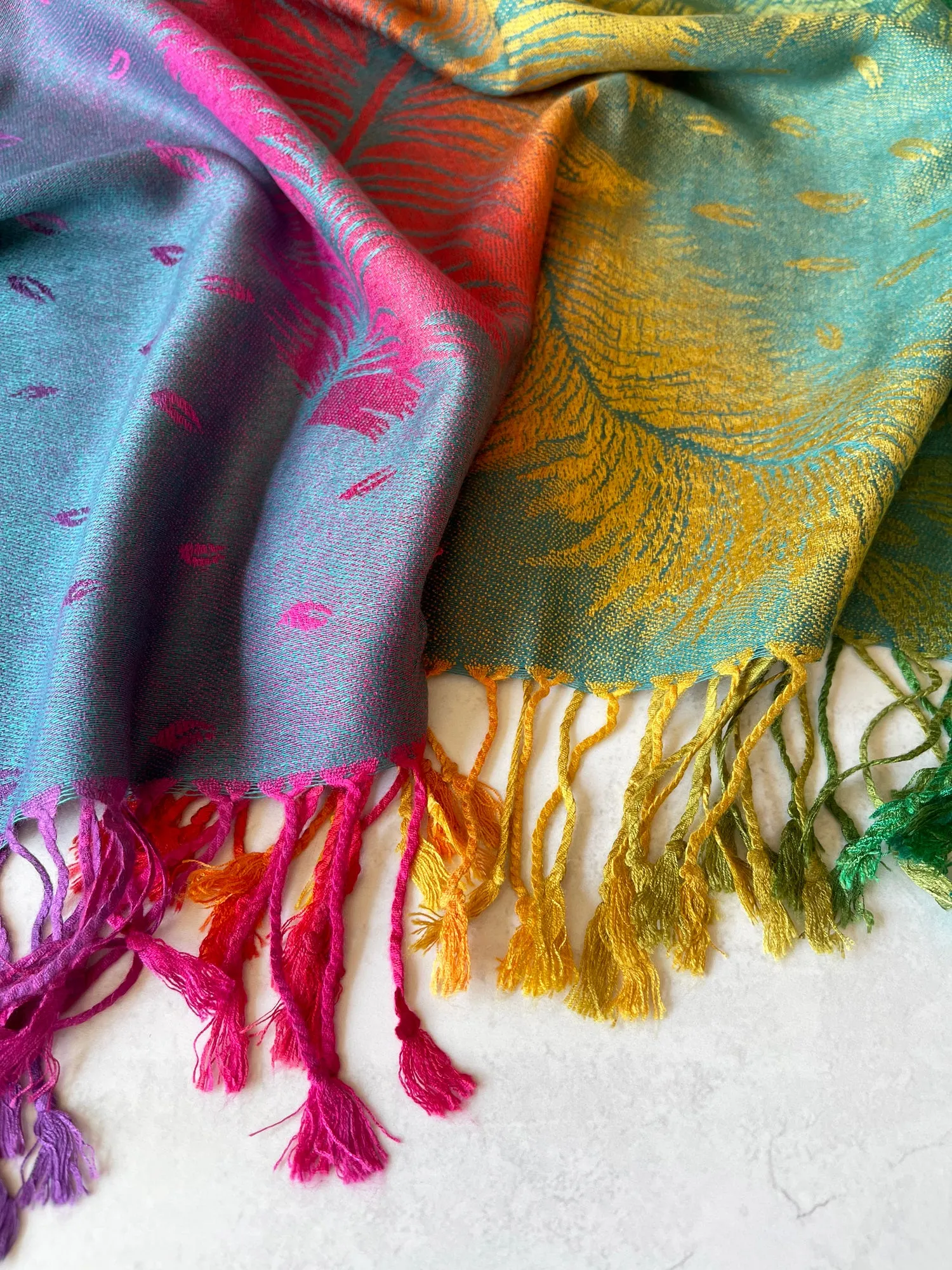 LARGE EMERALD RAINBOW FEATHER AND LEAF PRINT PASHMINA SHAWL SCARF