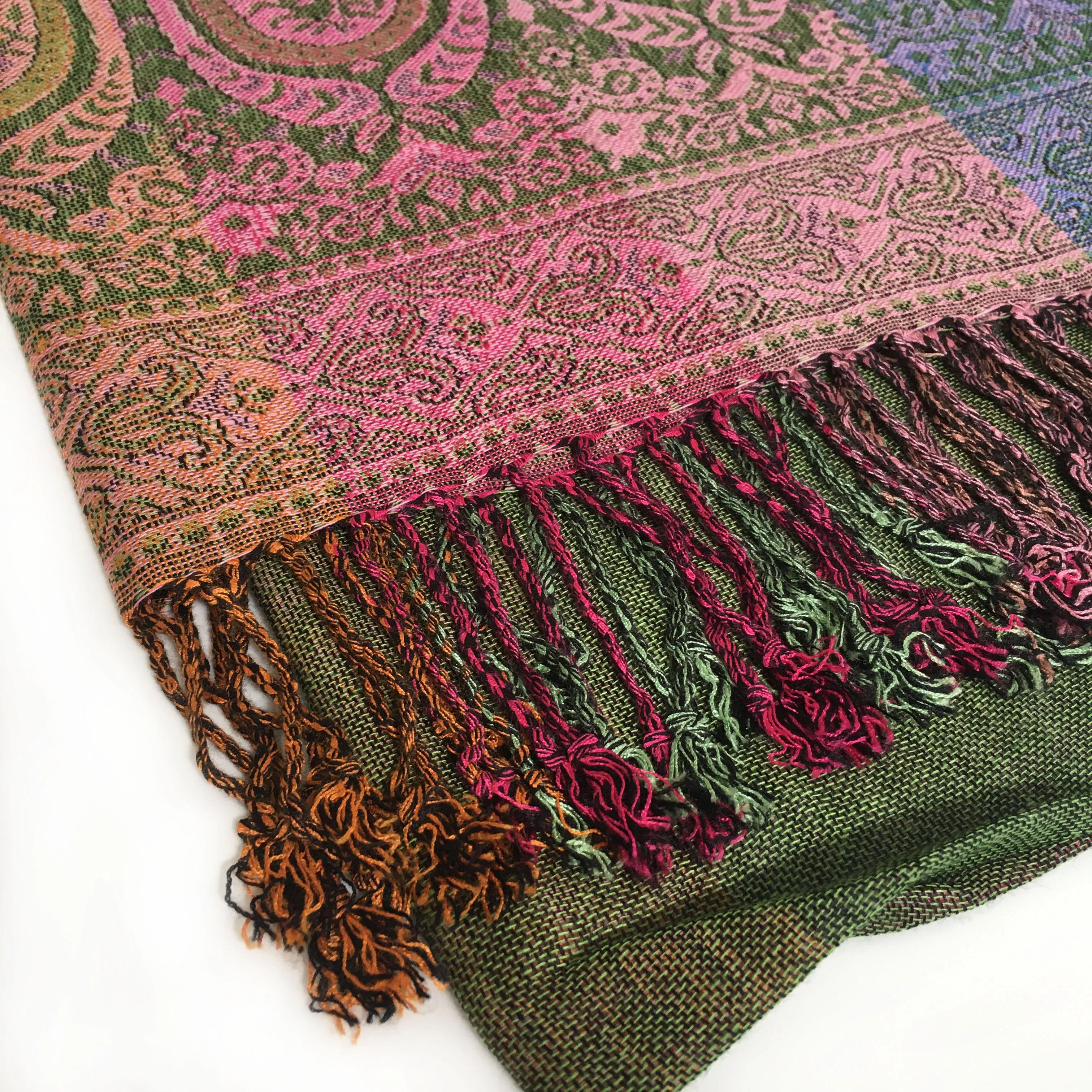 LARGE GREEN RAINBOW MULTI COLOUR PAISLEY PRINT PASHMINA SHAWL SCARF