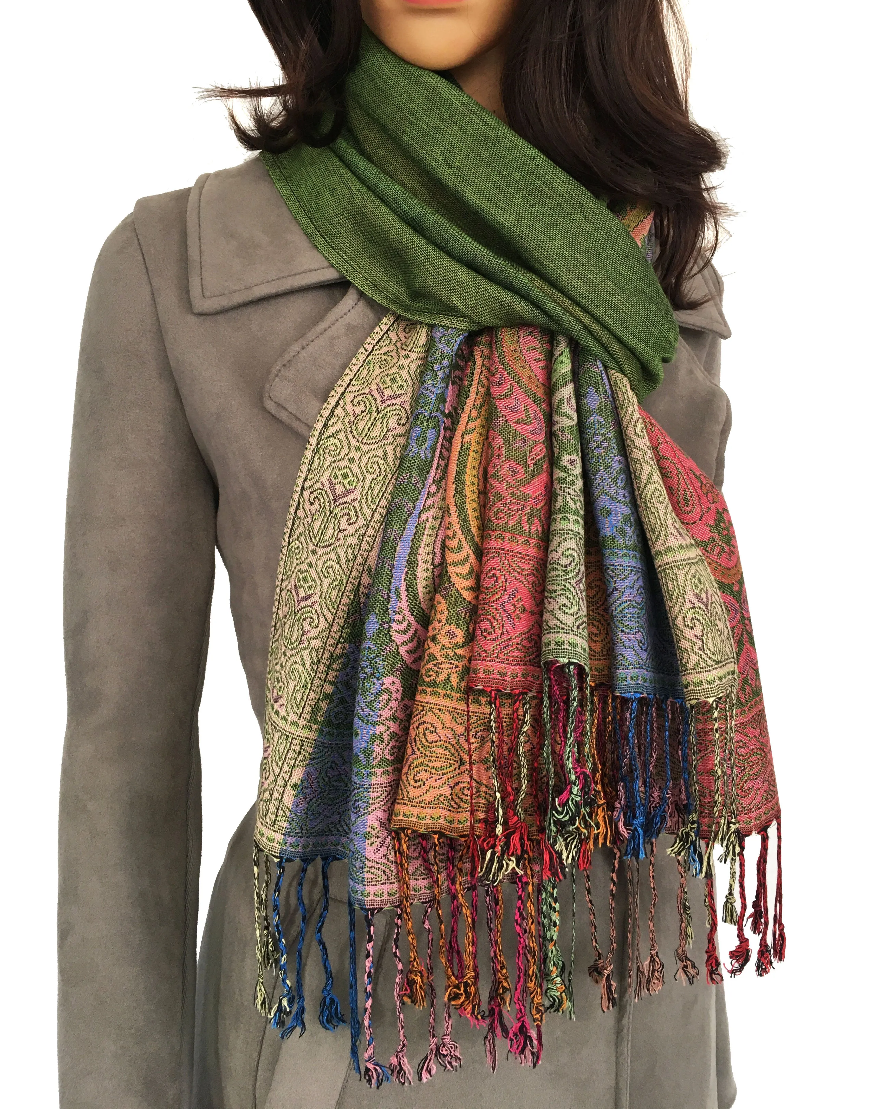 LARGE GREEN RAINBOW MULTI COLOUR PAISLEY PRINT PASHMINA SHAWL SCARF