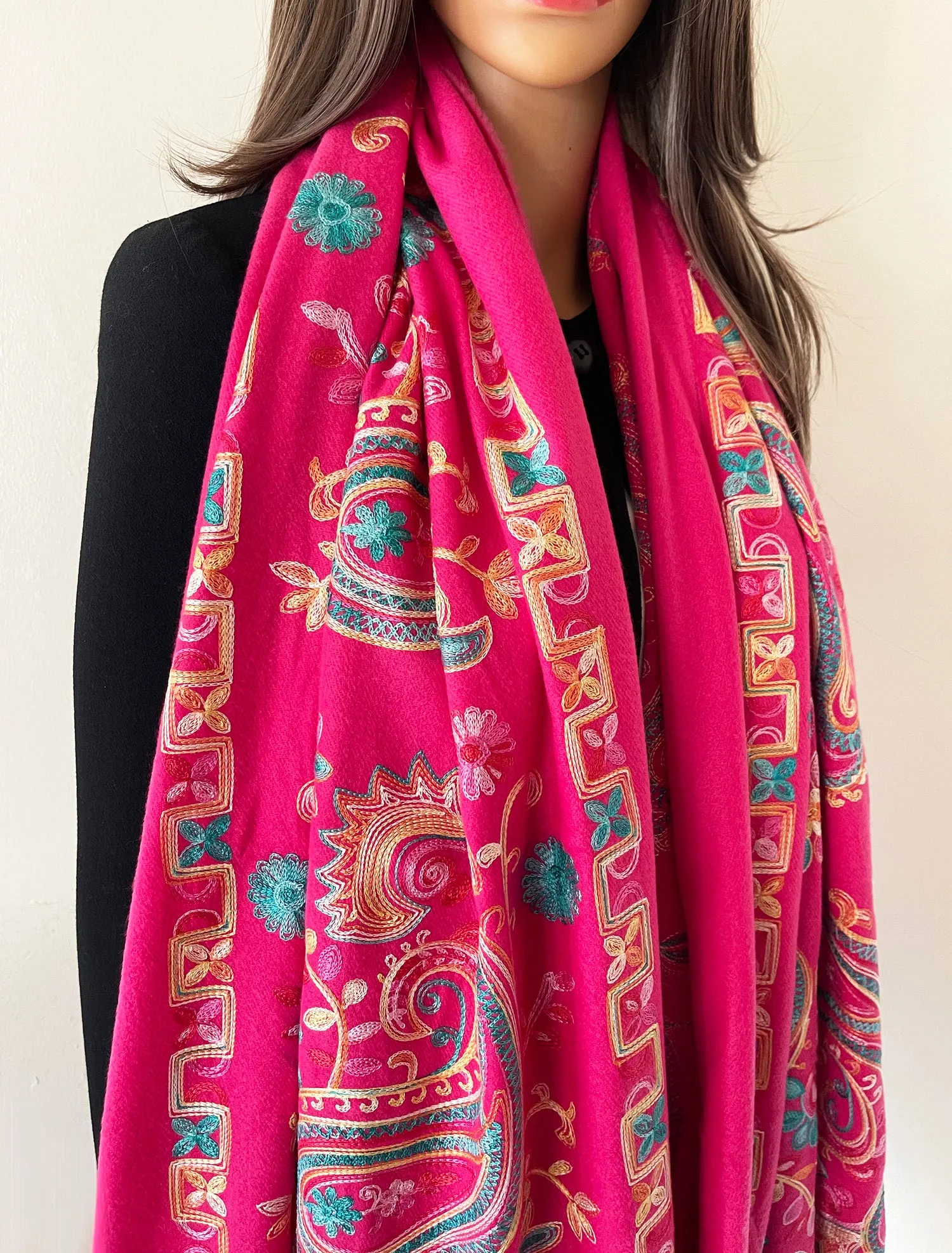 LARGE HOT PINK COLOURFUL PAISLEY CASHMERE COTTON BLEND WINTER SHAWL BLANKET SCARF