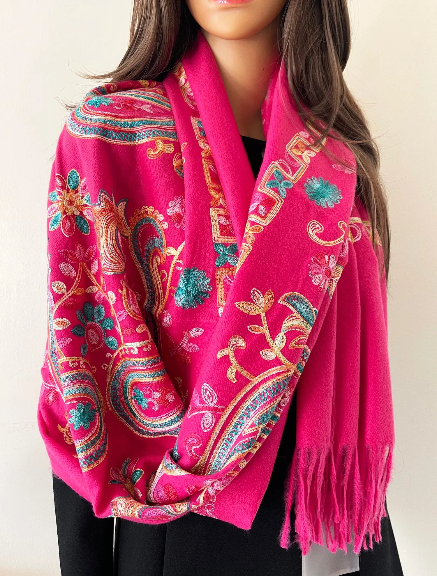 LARGE HOT PINK COLOURFUL PAISLEY CASHMERE COTTON BLEND WINTER SHAWL BLANKET SCARF