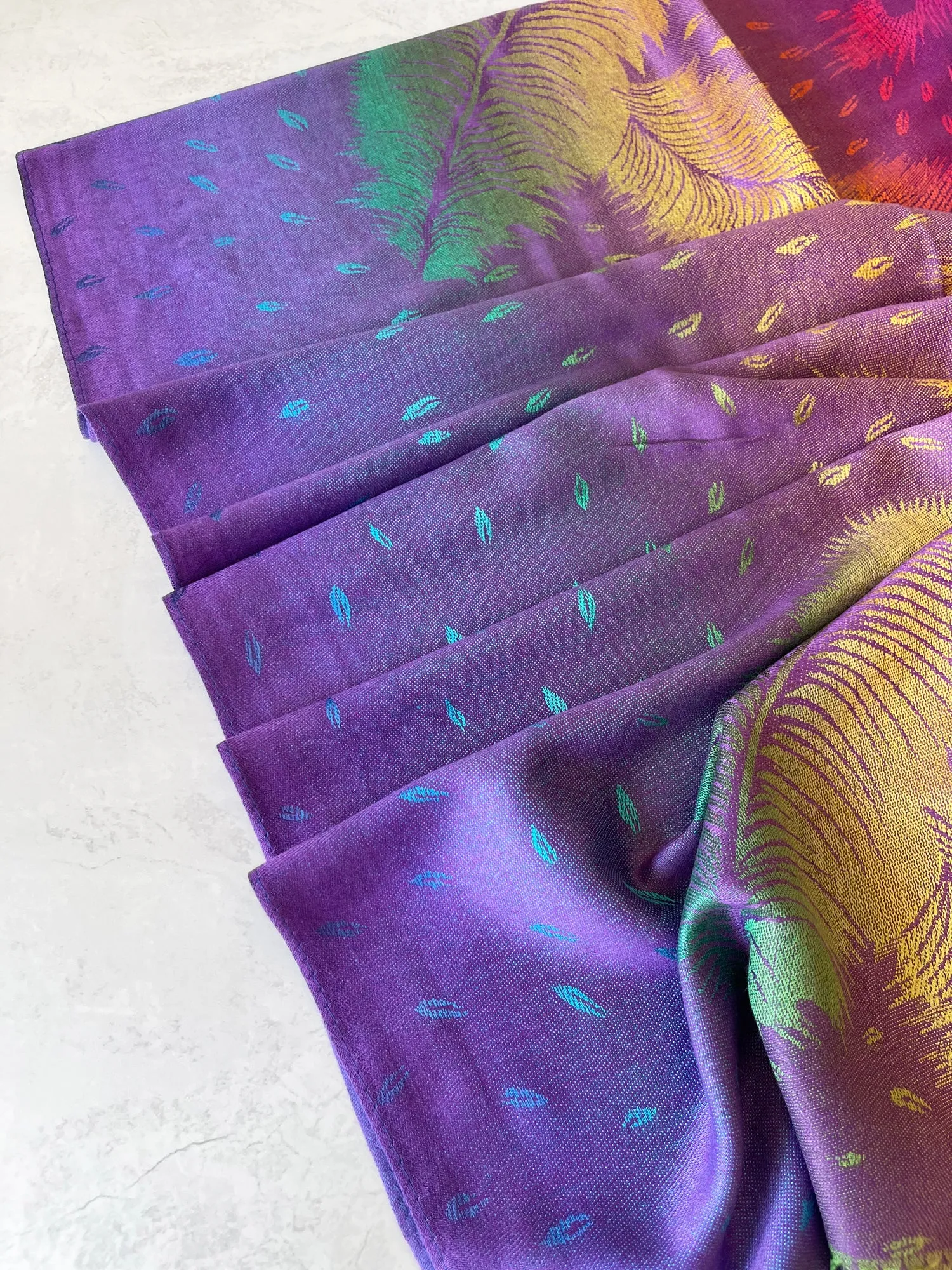 LARGE PURPLE RAINBOW FEATHER AND LEAF PRINT PASHMINA SHAWL SCARF