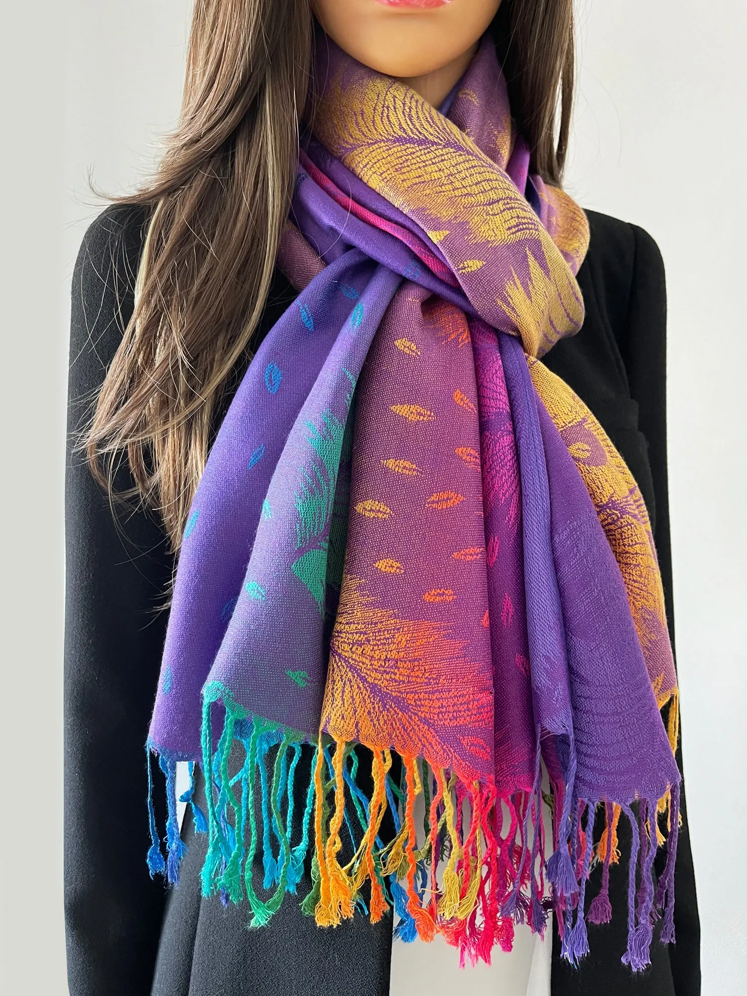 LARGE PURPLE RAINBOW FEATHER AND LEAF PRINT PASHMINA SHAWL SCARF