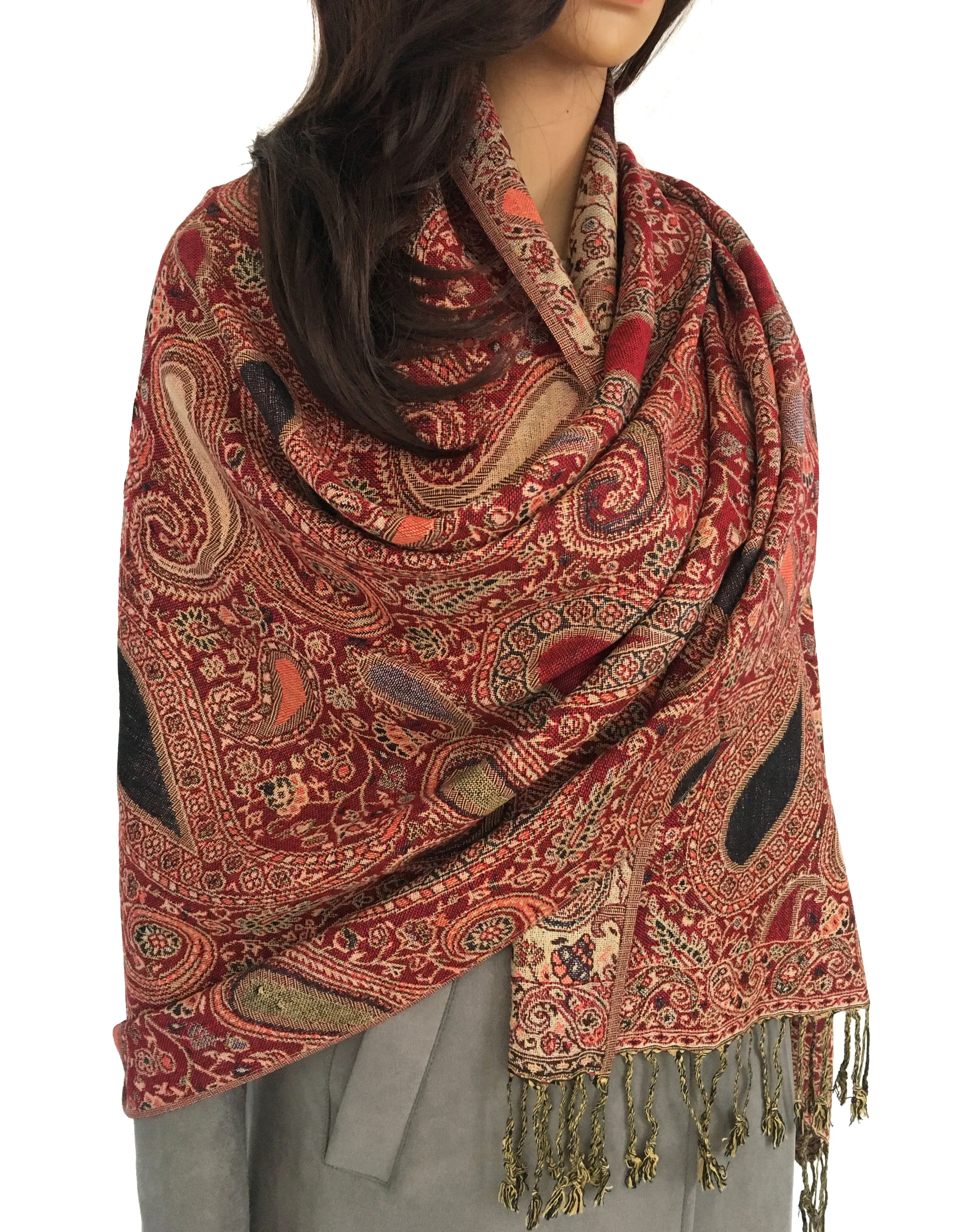 LARGE RED MULTI COLOUR PAISLEY PRINT PASHMINA SHAWL SCARF