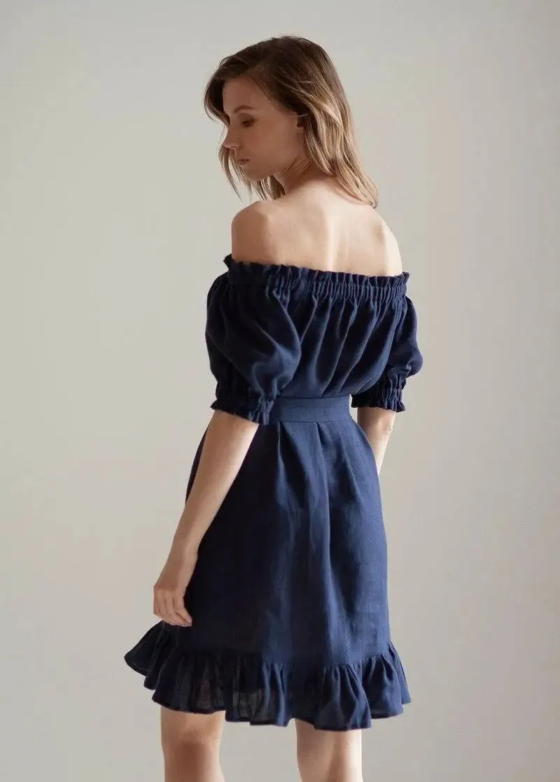 Lia Linen Dress In Dark Blue