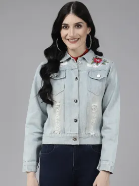 Light Blue Front Open Embroidered Jacket