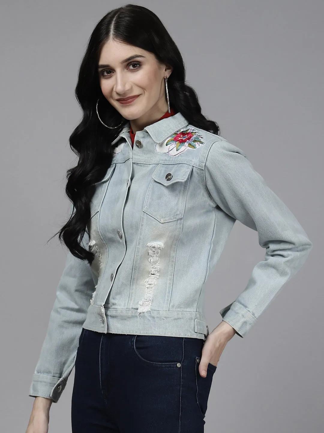 Light Blue Front Open Embroidered Jacket