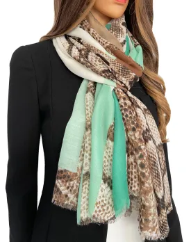 LONG TURQUOISE BLOCKS SNAKESKIN PRINT LIGHTWEIGHT SHAWL SCARF