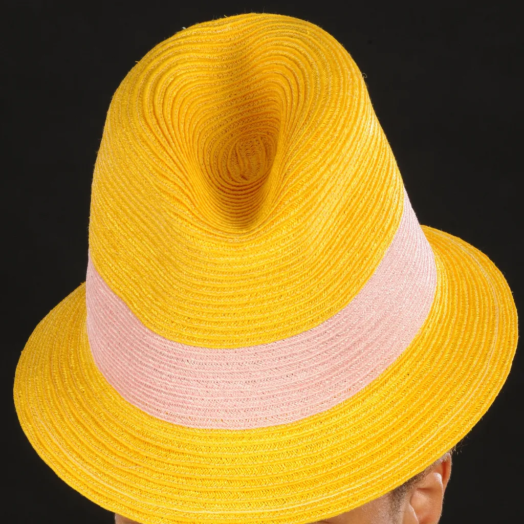 M1708- Yellow men's fedora with baby pink trim