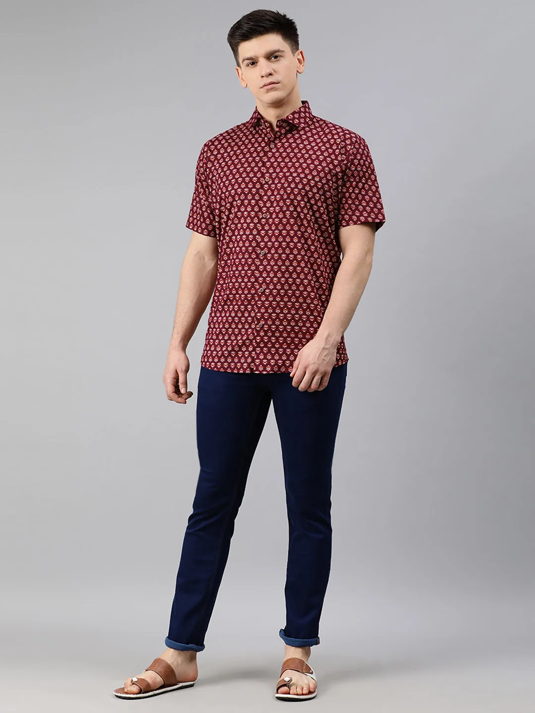 Maroon Cotton Short Sleeves Shirts For Men-Mmh037