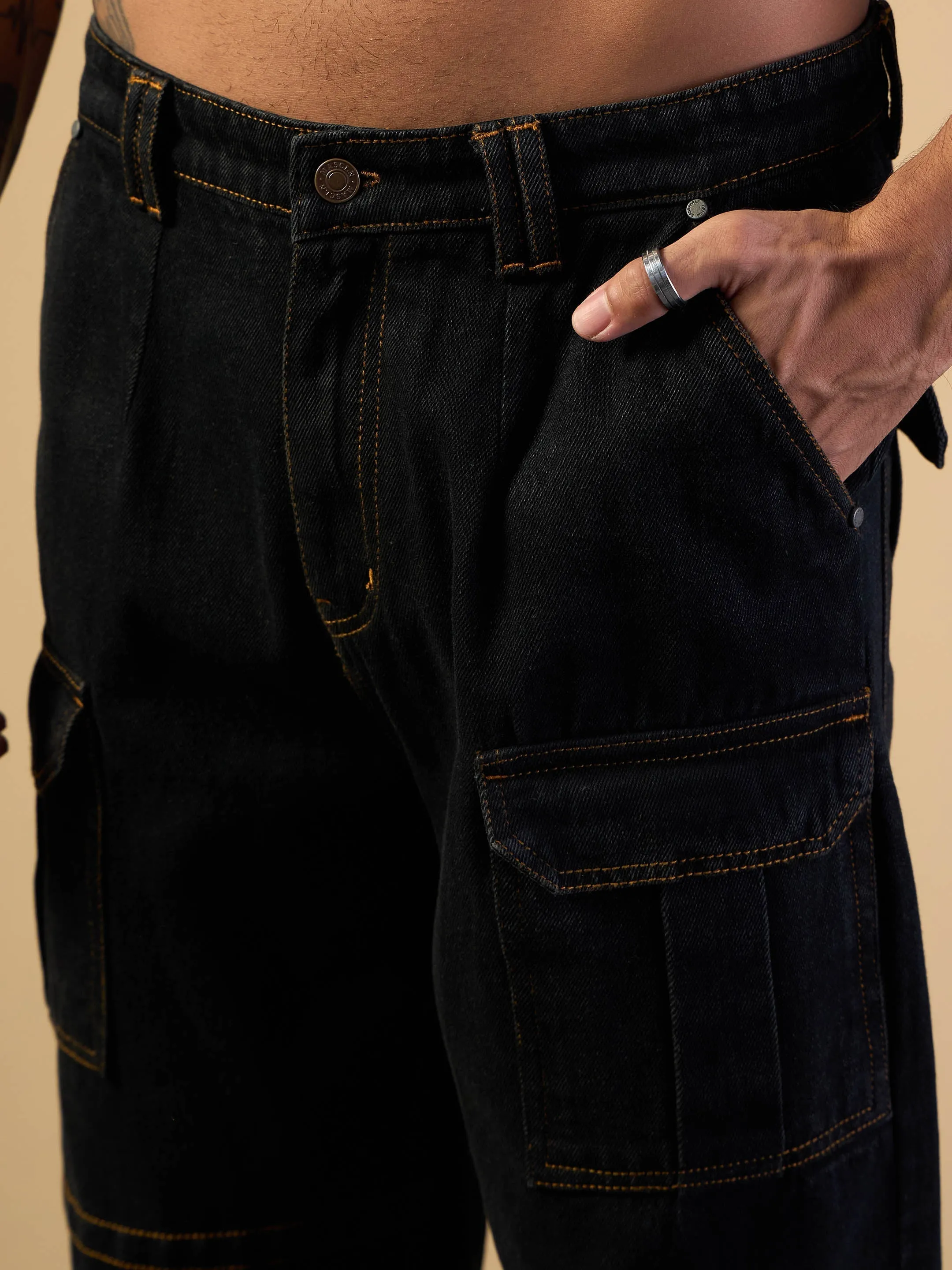 Men Black Side Pocket Baggy Cargo Jeans