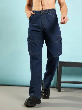 Men Blue Front Detail Cargo Pocket Jeans