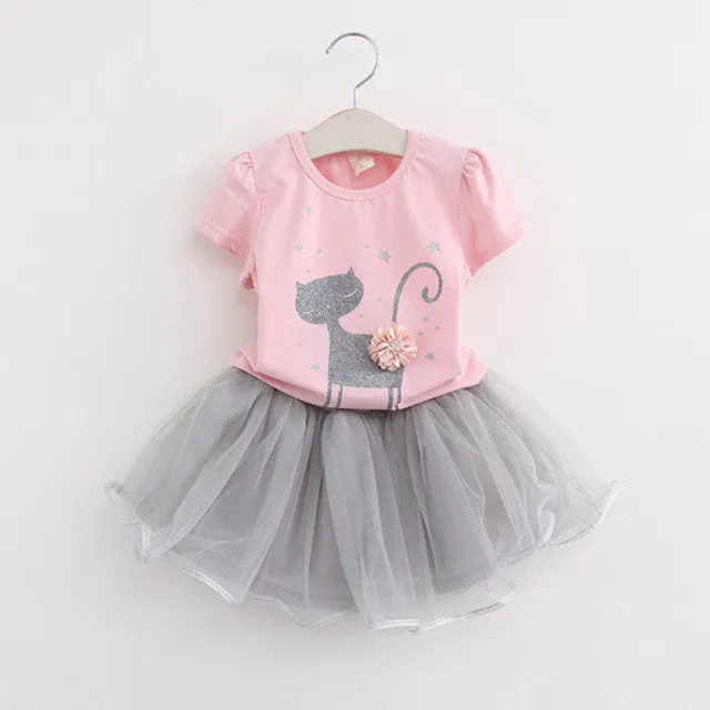 Menoea 2017 Autumn New Baby Girls Clothing Sets Fashion Style Cartoon Kitten Printed T-Shirts Net Veil Dress 2Pcs Girls Clothes