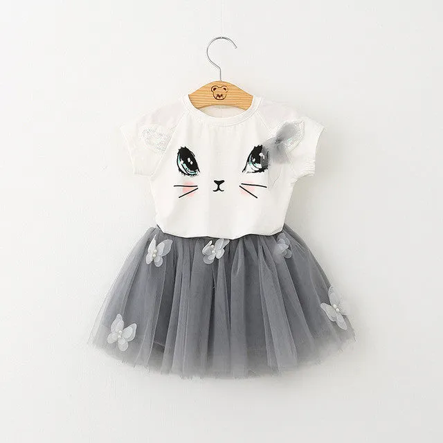 Menoea 2017 Autumn New Baby Girls Clothing Sets Fashion Style Cartoon Kitten Printed T-Shirts Net Veil Dress 2Pcs Girls Clothes