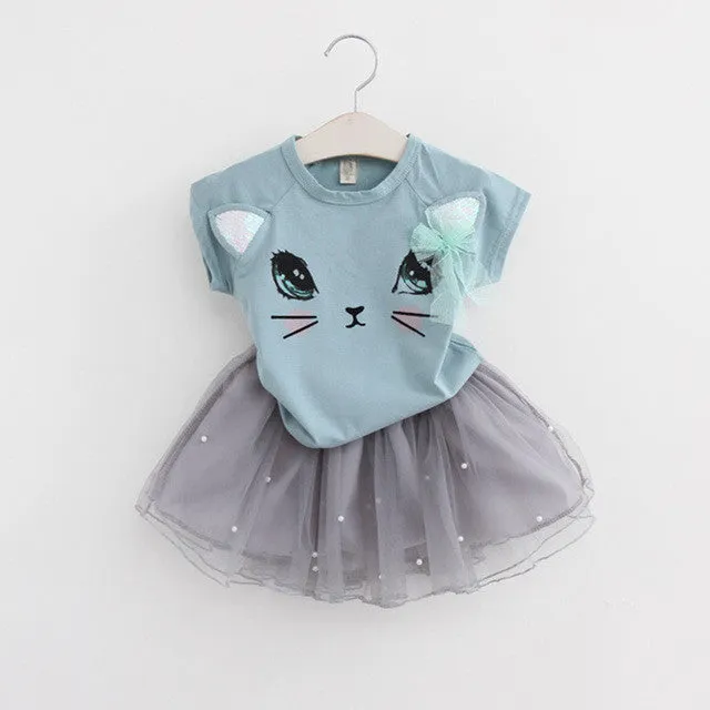 Menoea 2017 Autumn New Baby Girls Clothing Sets Fashion Style Cartoon Kitten Printed T-Shirts Net Veil Dress 2Pcs Girls Clothes