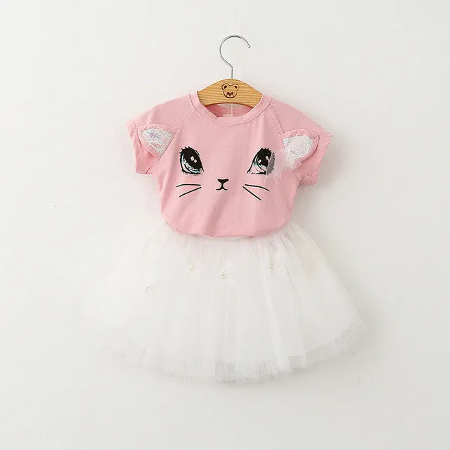 Menoea 2017 Autumn New Baby Girls Clothing Sets Fashion Style Cartoon Kitten Printed T-Shirts Net Veil Dress 2Pcs Girls Clothes