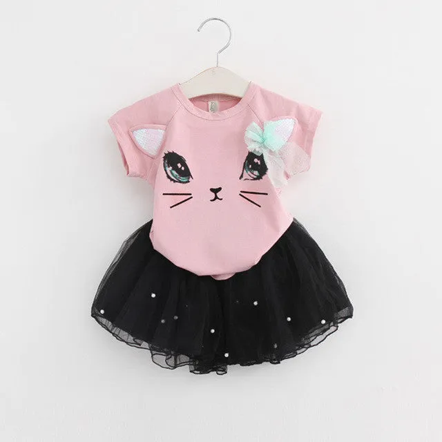 Menoea 2017 Autumn New Baby Girls Clothing Sets Fashion Style Cartoon Kitten Printed T-Shirts Net Veil Dress 2Pcs Girls Clothes