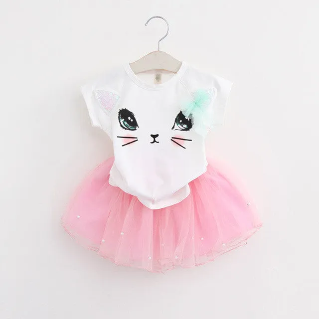 Menoea 2017 Autumn New Baby Girls Clothing Sets Fashion Style Cartoon Kitten Printed T-Shirts Net Veil Dress 2Pcs Girls Clothes