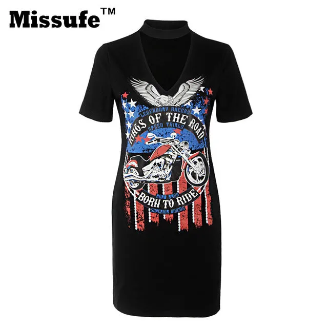 Missufe Print Sexy Choker Neck Lace Up Mini Women Dress 2017 Vestido Short Sleeve Casual Night Club Party Tshirt Summer Dresses