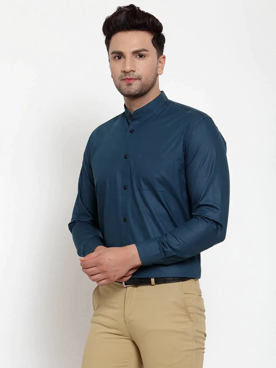 Navy Men'S Cotton Solid Mandarin Collar Formal Shirts