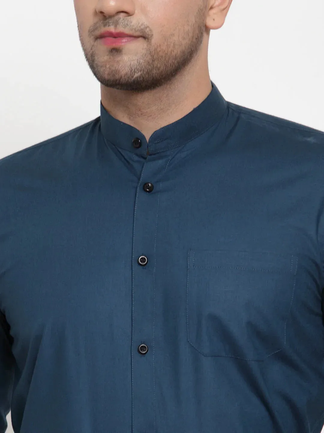 Navy Men'S Cotton Solid Mandarin Collar Formal Shirts