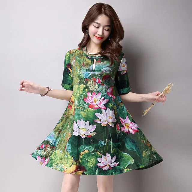 new 2016  fashion plus size women dress cotton elegant slim  short sleeved Retro loose  female printing dress hot sale 931B 25