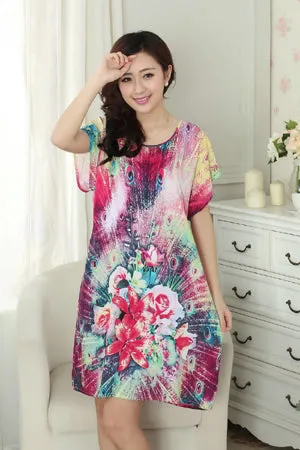 New Arrival Blue Chinese Women Cotton Nightdress Summer Short Sleeve Sleepwear Floral Home Dress Robe Gown One Size S0125