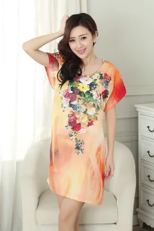 New Arrival Blue Chinese Women Cotton Nightdress Summer Short Sleeve Sleepwear Floral Home Dress Robe Gown One Size S0125