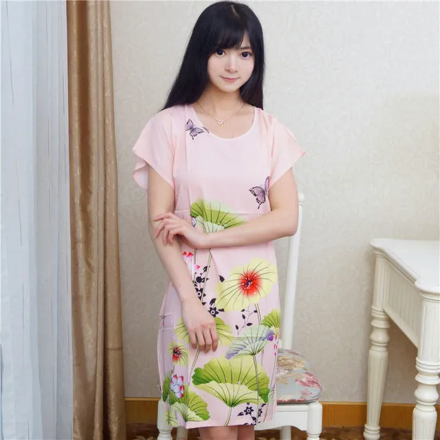 New Arrival Blue Chinese Women Cotton Nightdress Summer Short Sleeve Sleepwear Floral Home Dress Robe Gown One Size S0125