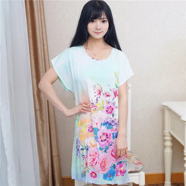 New Arrival Blue Chinese Women Cotton Nightdress Summer Short Sleeve Sleepwear Floral Home Dress Robe Gown One Size S0125