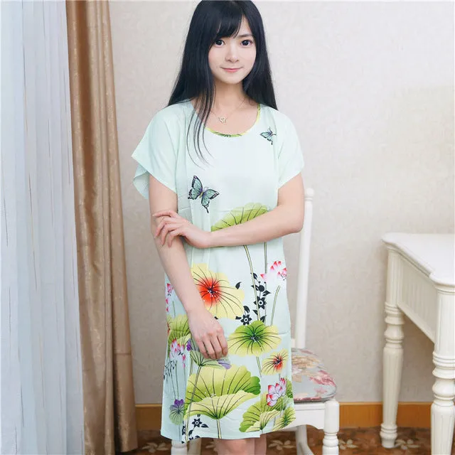 New Arrival Blue Chinese Women Cotton Nightdress Summer Short Sleeve Sleepwear Floral Home Dress Robe Gown One Size S0125