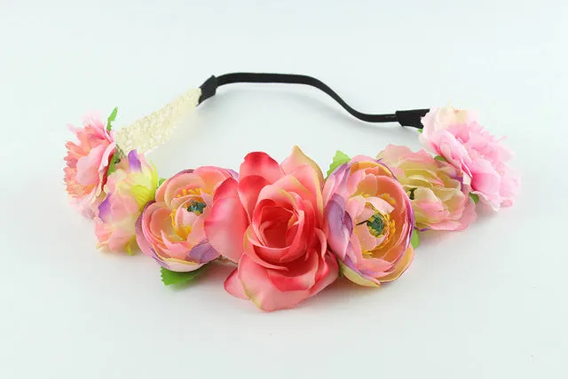 New Bohemian style multi color peony flower Garland head floral handmade Wreaths Crowns Wedding Hair Accessories kids  gift