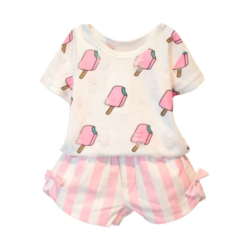 New Summer Kids Girls Clothing Set Ice Cream Printed T-shirt  Striped Bow Shorts 2 Pcs 1-6Y L07