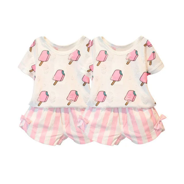 New Summer Kids Girls Clothing Set Ice Cream Printed T-shirt  Striped Bow Shorts 2 Pcs 1-6Y L07