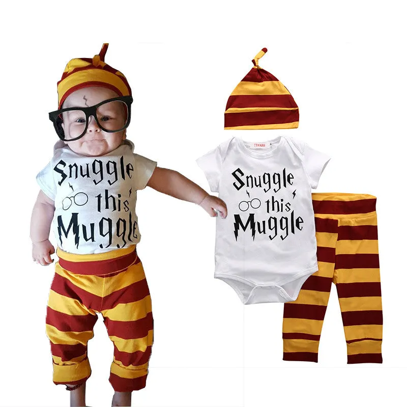 New Year 3PCS Baby Clothing Set Newborn Baby Boys Girls Snuggle this Muggle Bodysuit Stripe Pants Hat Outfits Clothes Sets 0-18M