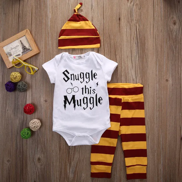 New Year 3PCS Baby Clothing Set Newborn Baby Boys Girls Snuggle this Muggle Bodysuit Stripe Pants Hat Outfits Clothes Sets 0-18M