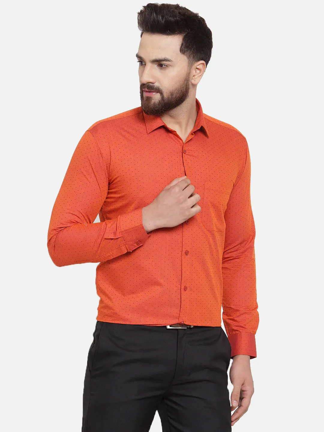 Orange Men'S Cotton Polka Dots Formal Shirts