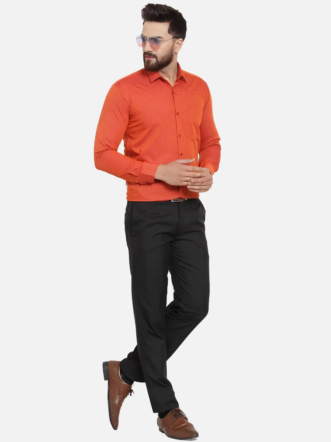 Orange Men'S Cotton Polka Dots Formal Shirts