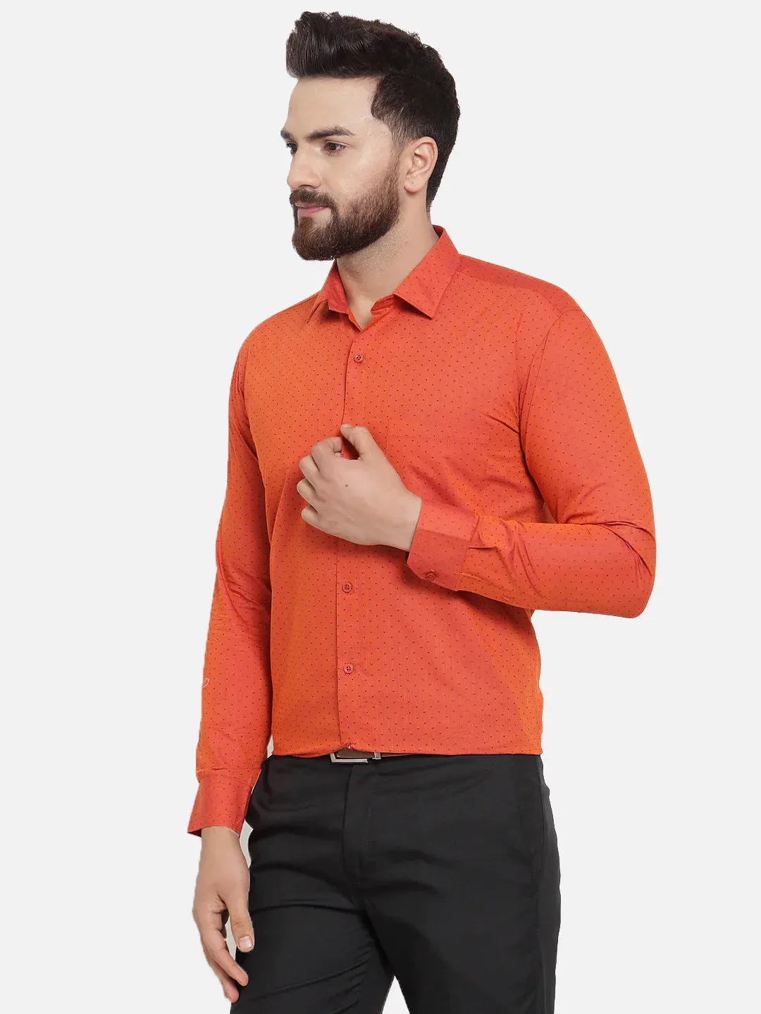 Orange Men'S Cotton Polka Dots Formal Shirts