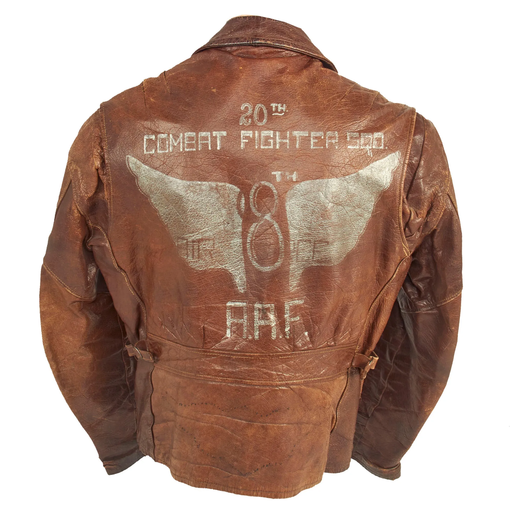 Original U.S. WWII British Made A-2 Style 20th Combat Fighter Squadron, 8th Air Force Painted Leather Motorcycle Jacket