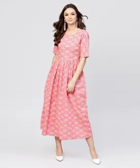 Pink Printed Dress With Round Neck And Half Sleeves