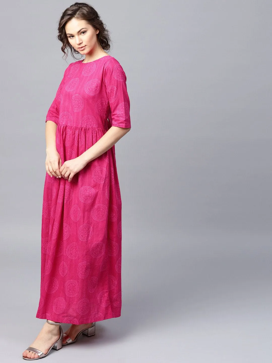 Pink Printed Half Sleeve Cotton Flared Maxi Dress