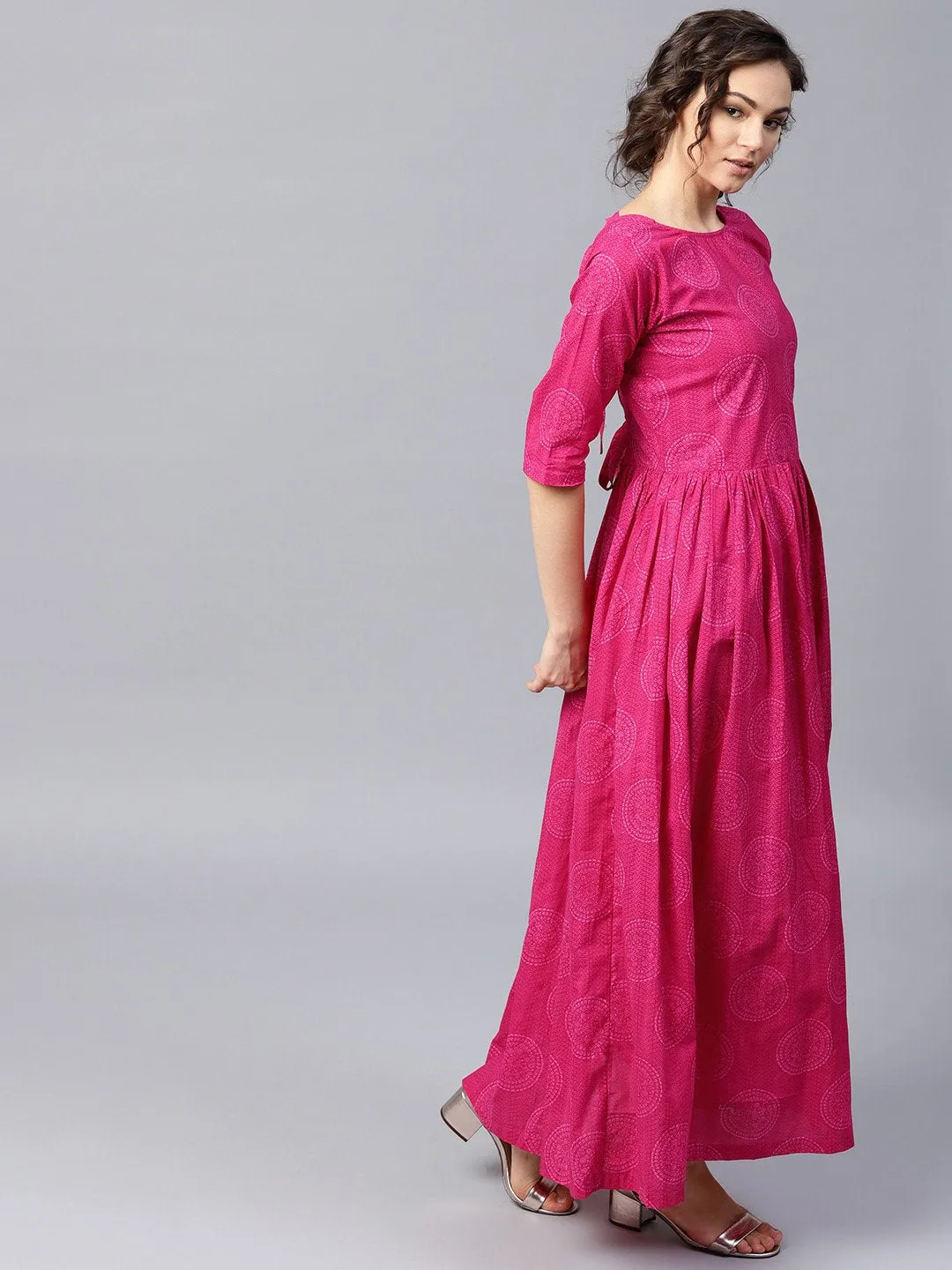 Pink Printed Half Sleeve Cotton Flared Maxi Dress