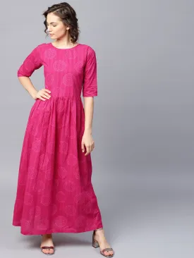 Pink Printed Half Sleeve Cotton Flared Maxi Dress