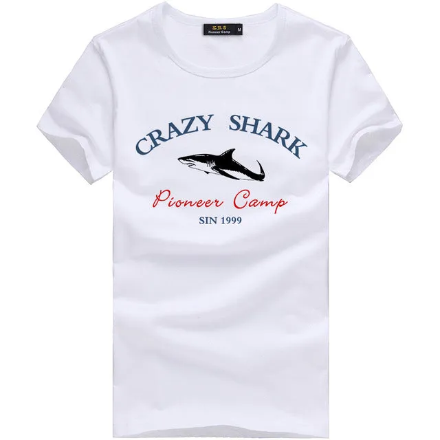 Pioneer Camp brand short summer men tshirt comfortable breathable blue t shirt male fashion cotton t-shirt shark pattern 405047